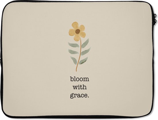 Crèmekleurige laptophoes met gele bloem en tekst 'bloom with grace'.