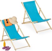 Chaise de plage Relaxdays bois - lot de 2 - pliable - chaise longue pliante - réglable - Blue clair