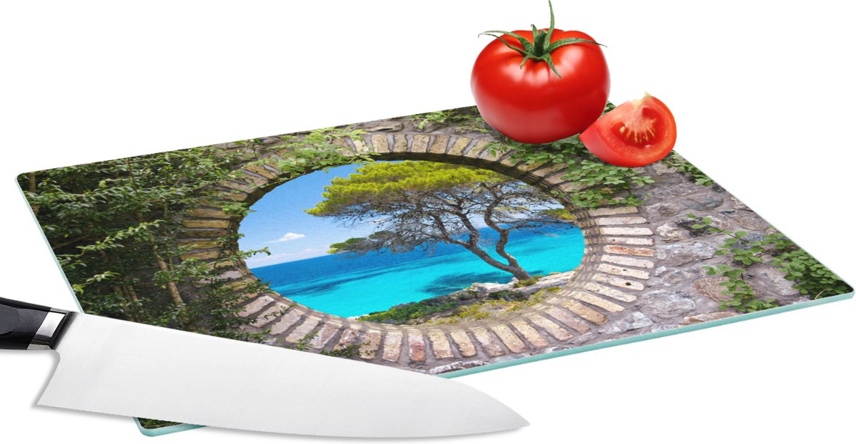 Glazen Snijplank - 28x20 - Zee - Boom - Tropisch - Doorkijk - Snijplanken Glas