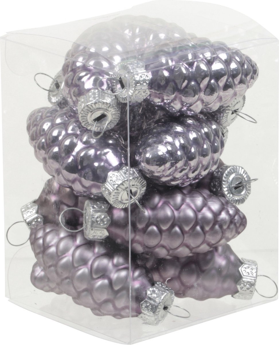 Othmar Decorations 12x Dennenappel kersthangers/kerstballen lila paars van glas - 6 cm - mat/glans - Kerstboomversiering