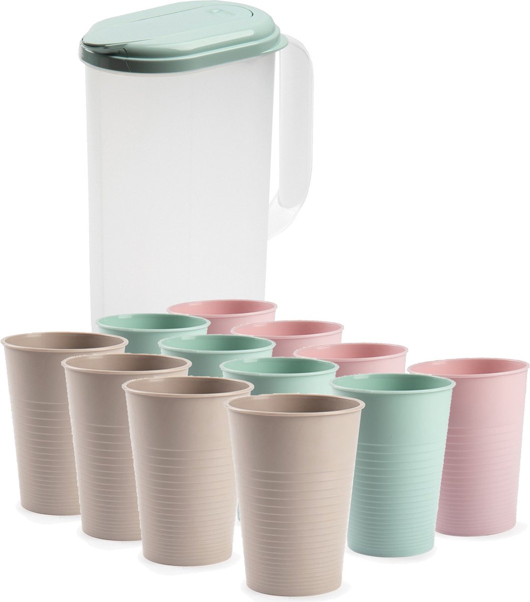 Water of limonade schenkkan/sapkan 2 liter met 12x kunststof mix-colors glazen van 360 ML voordeelset