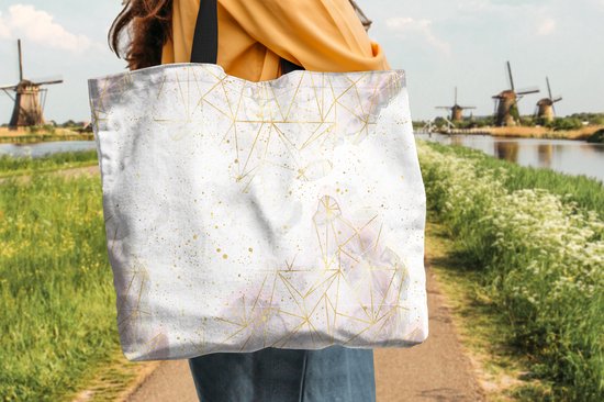 MuchoWow® Schoudertas - Strandtas - Big Shopper - Boodschappentas - Marmer - Geometrie - Goud - 50x40 cm - Katoenen tas