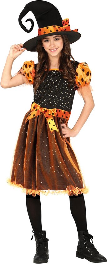 Fiestas Guirca - Heks oranje (5-6 jaar) - Carnaval Kostuum voor kinderen - Carnaval - Halloween kostuum meisjes