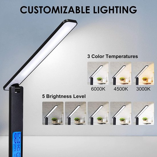 LED Bureaulamp - met kalender - USB-oplaadpoort - opvouwbaar - zwart