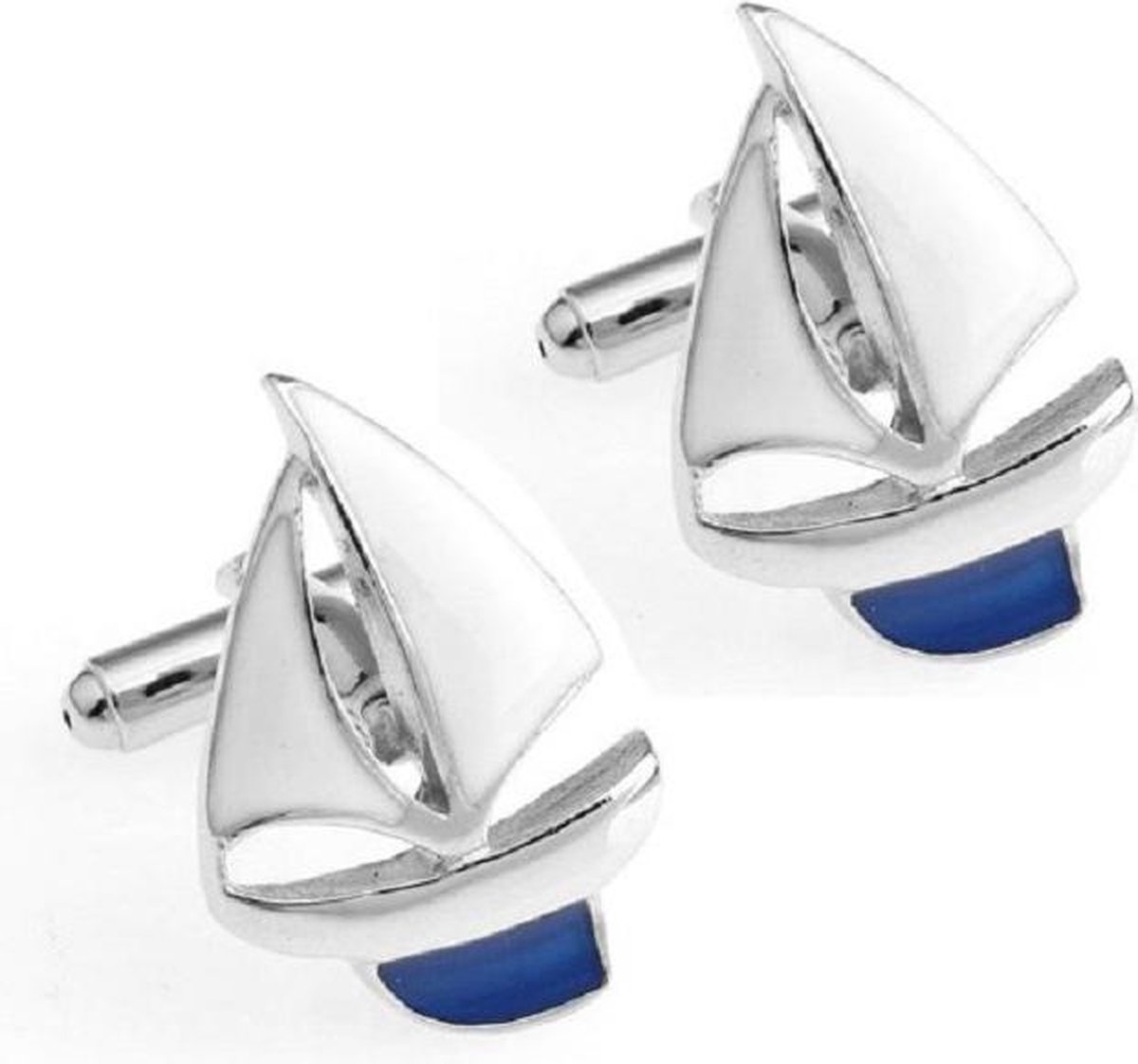 Zeilboot Manchetknopen wit/blauw Zilver