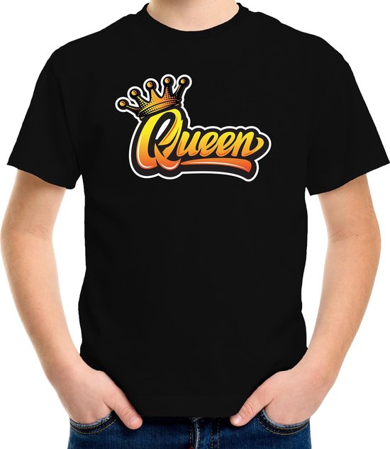 Zwart Koningsdag Queen t-shirt voor kinderen/ meisjes 134/140