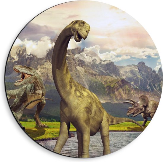 Dibond Wandcirkel - Dinosaurussen in Meer  - 40x40cm Foto op Aluminium Wandcirkel (met ophangsysteem)