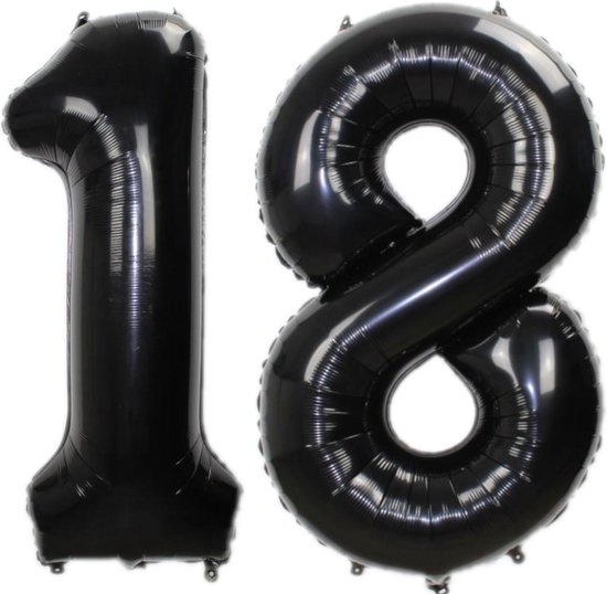 Folie Ballon Cijfer 18 Jaar Zwart 36Cm Verjaardag Folieballon Met Rietje
