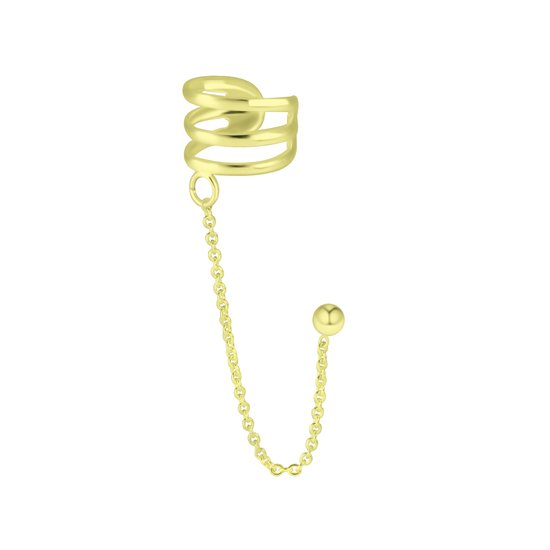 Gouden oorbel met gedraaide spiraal aan de bovenkant en een fijne ketting met balletje aan het uiteinde.