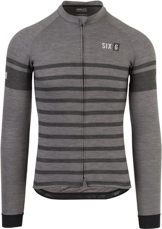 Heren fietsshirt lange mouwen, grijs met horizontale donkergrijze strepen. 'SIX 6' logo op borst en mouw. Ritssluiting.