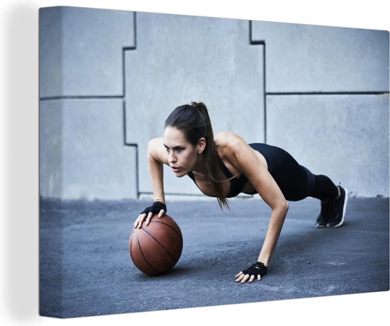 Canvas Schilderij Een vrouw doet push ups met een bal om de oefening nog  zwaarder te... | bol.com