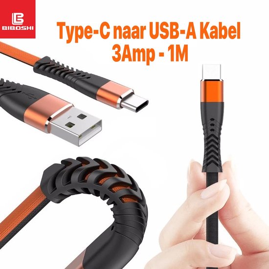 Telefoon oplaadkabel - Biboshi Nylon Gevlochten 1m 3A USB-C / Type-C naar USB Metal Data Sync oplaadkabel Extra buigbaar voor smartphone en tablet - 3A Flexibel en extreem sterk