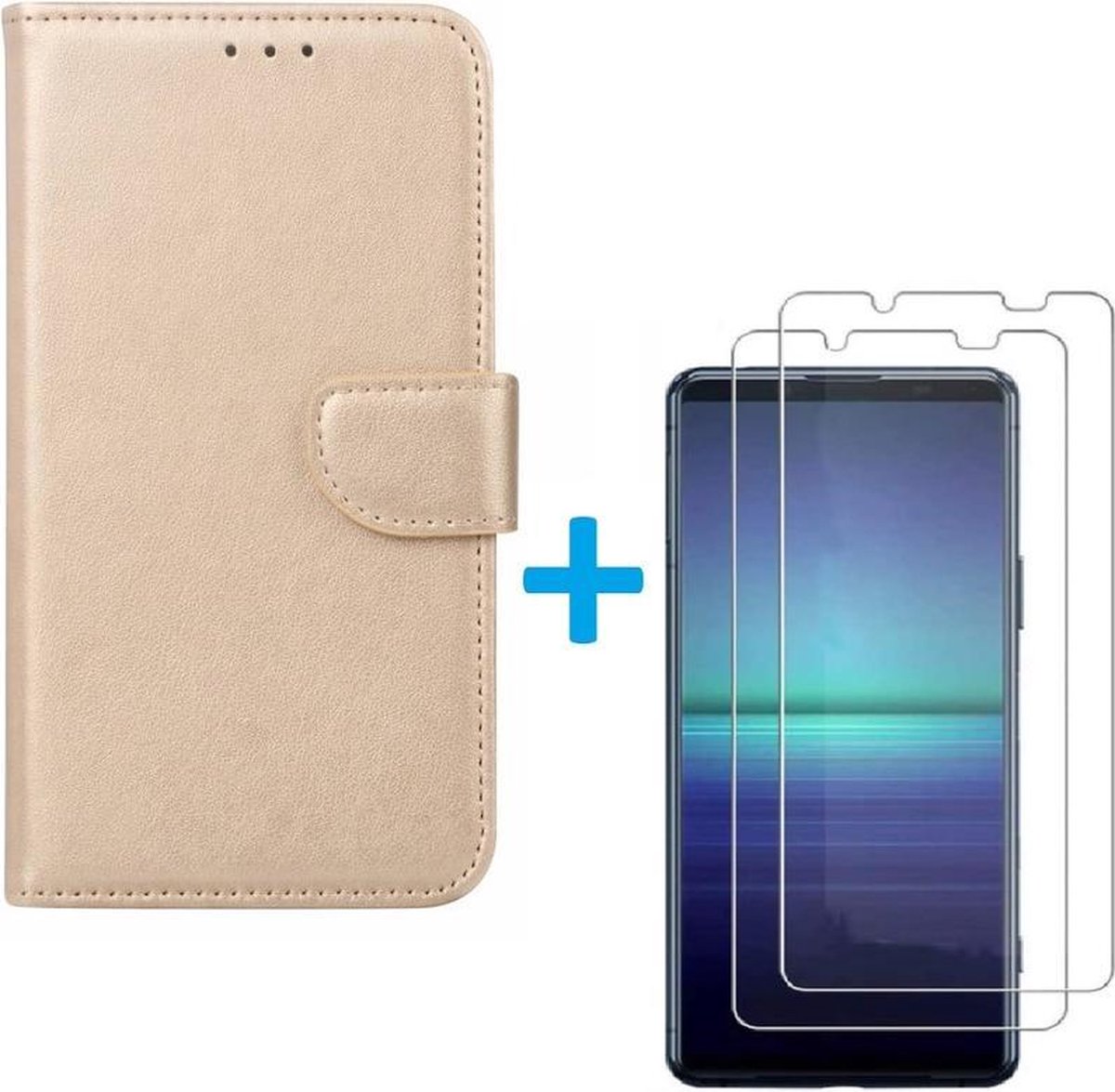 hoesjeGeschikt voor: Sony Xperia 5 II book case goud met 2 stuks Glas Screen protector