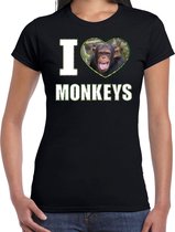 I love monkeys t-shirt met dieren foto van een Chimpansee aap zwart voor dames - cadeau shirt apen liefhebber L