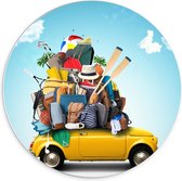 Forex Wandcirkel - Gele Auto met Vakantieartikelen - 70x70cm Foto op Wandcirkel (met ophangsysteem)