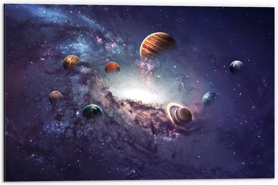 Dibond - Planetenstelsel in de Ruimte - 60x40cm Foto op Aluminium (Met Ophangsysteem)