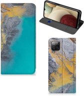 Hoesje Geschikt voor Samsung Galaxy A12 Flip Case Marble Blue Gold