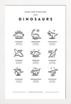 JUNIQE - Poster in houten lijst Dinosaurussoorten -40x60 /Wit & Zwart