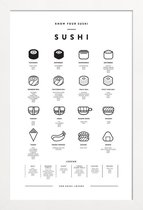 JUNIQE - Poster in houten lijst Sushi infographic -60x90 /Wit & Zwart