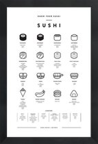 JUNIQE - Poster in houten lijst Sushi infographic -40x60 /Wit & Zwart