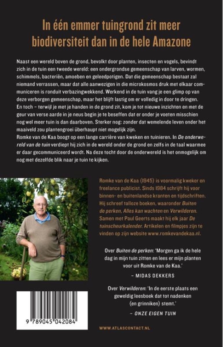 Achterkant van een boek met een foto van een man, de titel 'De onderwereld van de tuin' en een korte biografie.
