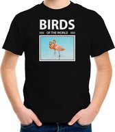 Dieren foto t-shirt Flamingo vogel - zwart - kinderen - birds of the world - cadeau shirt vogel liefhebber S (122-128)