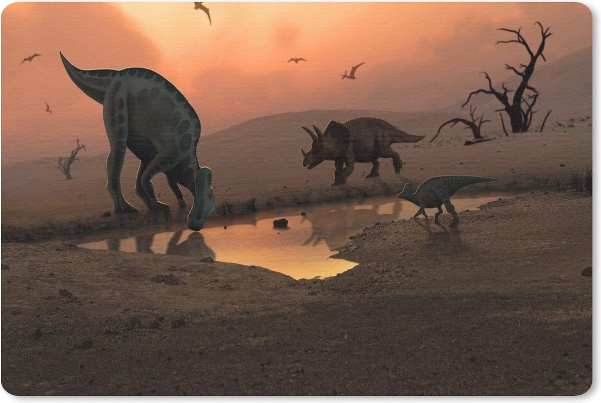 Muismat Dinosaurus illustratie - Een illustratie van een dorre plek met dinosaurussen muismat rubber - 60x40 cm - Muismat met foto