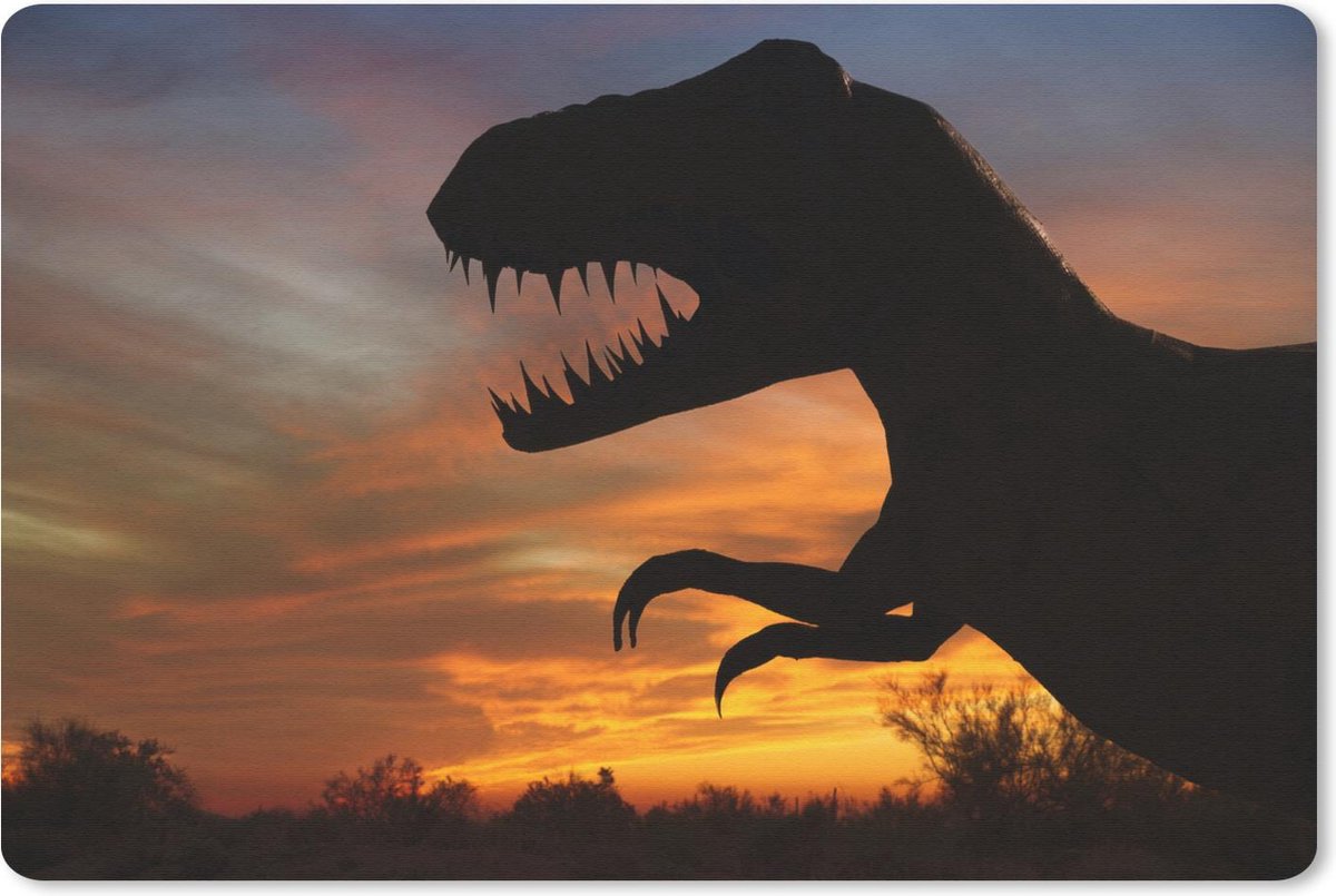 Muismat Dinosaurus - Silhouet van dinosaurus tijdens zonsondergang muismat rubber - 60x40 cm - Muismat met foto