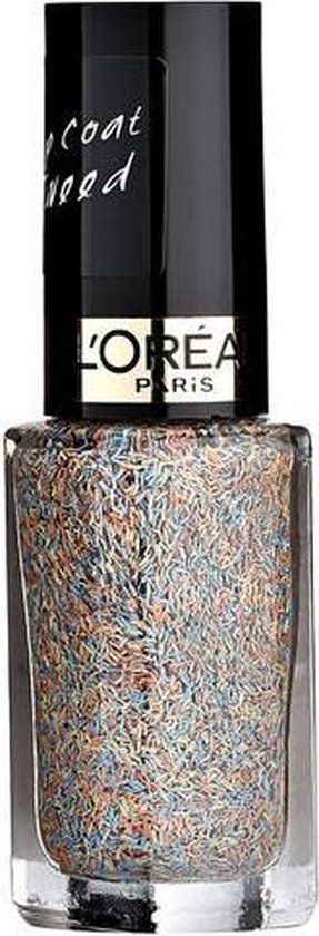 Glazen flesje nagellak met gouden, bruine en blauwe spikkels. Zwarte dop met 'Top Coat Tweed'.