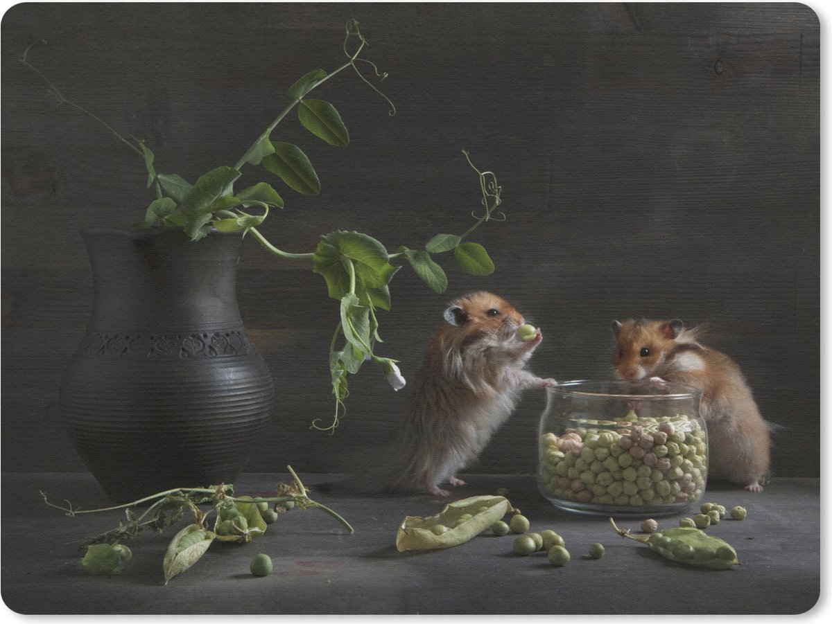 Muismat Hamster - Stilleven van hamsters met groene erwten muismat rubber - 40x30 cm - Muismat met foto