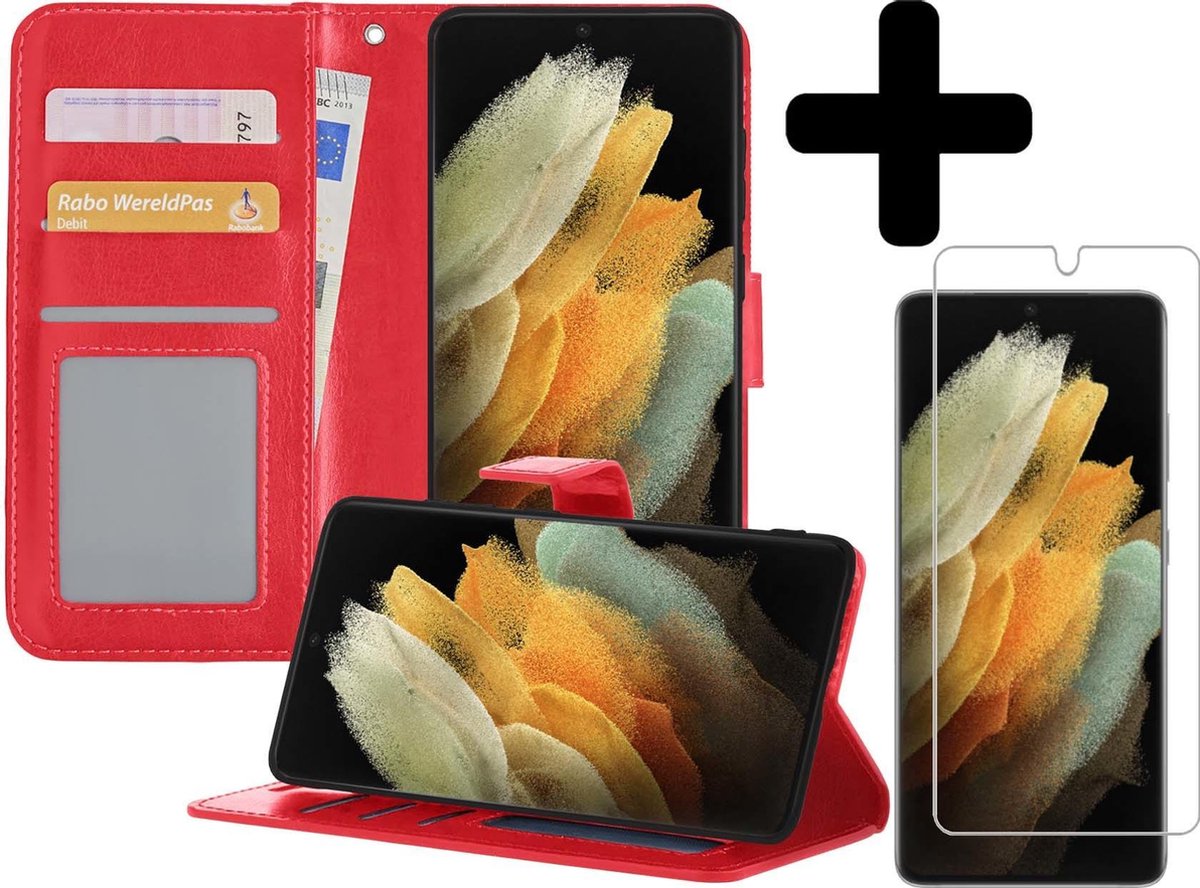 Hoesje - Met Screenprotector - Geschikt voor Samsung Galaxy S21 Ultra - Luxe Pasjeshouder - Bookcase Portemonee - Flip Case - Kunstleer Book Case - Flipcase - Book Cover - Walletcase - Portemonneehoes - Telefoonhoesjes - Rood