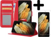 Samsung S21 Ultra Hoesje Book Case Met Screenprotector - Samsung Galaxy S21 Ultra Case Hoesje Wallet Cover Met Screenprotector - Rood
