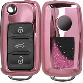 Étui à clés de voiture kwmobile pour clé de voiture à 3 boutons VW Skoda Seat - Couvercle de clé en TPU en rose / rose métallique - Boule à neige avec motif d'étoiles