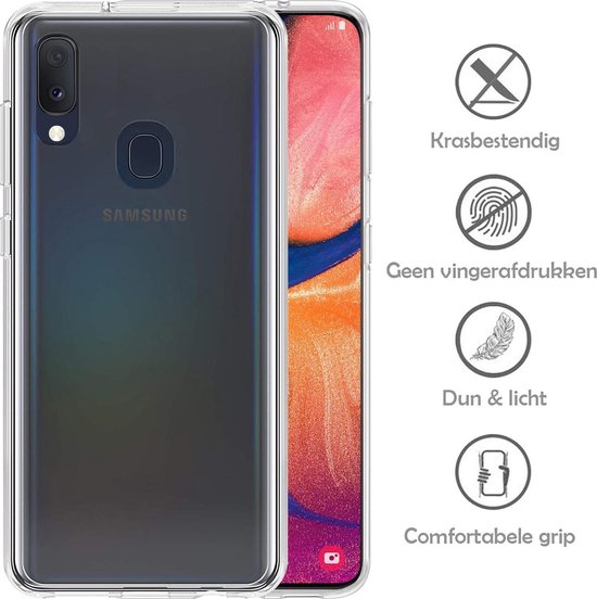 Een Samsung smartphone in een transparante hoes, naast iconen die krasbestendigheid, geen vingerafdrukken, dun en licht, en grip aangeven.