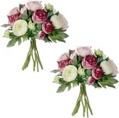 2x stuks roze Ranunculus/ranonkel kunstbloemen boeket 22 cm - Kunstbloemen boeketten -  Bruidsboeketten