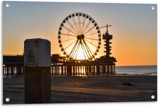 Tuinposter – Reuzenrad op de Pier van Scheveningen met Zonnestralen - 90x60cm Foto op Tuinposter  (wanddecoratie voor buiten en binnen)