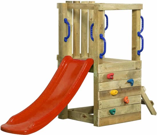 Houten speeltoestel met rode glijbaan, blauwe handgrepen en gekleurde klimstenen.