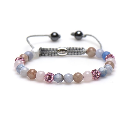 Meerkleurige armband met kralen van rozenkwarts, agaat en crystal accenten, met een zilverkleurige sluiting.