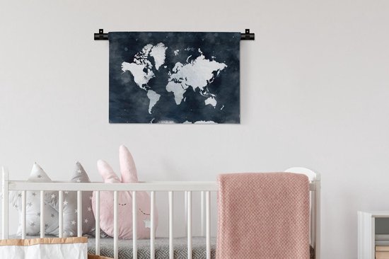 Wandkleed WereldkaartenKerst illustraties - Lichtblauwe en witte wereldkaart voor een achtergrond van donkerblauwe waterverf Wandkleed katoen 60x40 cm - Wandtapijt met foto