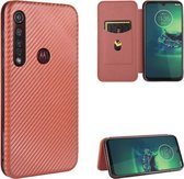 Voor Motorola Moto G8 Plus Koolstofvezel Textuur Magnetische Horizontale Flip TPU + PC + PU Lederen Case met Touw & Kaartsleuf (Bruin)