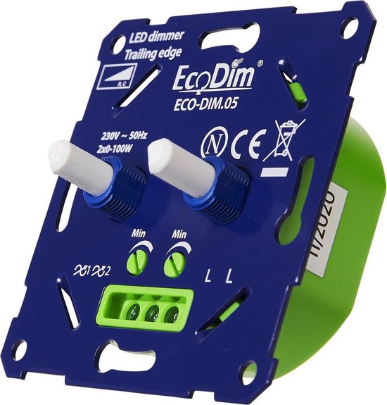 EcoDim - LED DUO Dimmer - ECO-DIM.05 - Fase Afsnijding RC - Dubbele Inbouwdimmer - Dubbel Knop - 0-100W - Quano