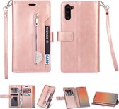 Voor Samsung Galaxy Note10 Multifunctionele Rits Horizontale Flip Leren Case met Houder & Portemonnee & 9 Kaartsleuven & Lanyard (Rose Goud)