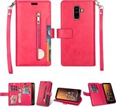 Voor Samsung Galaxy A6 + / Galaxy J8 (2018) Multifunctionele Rits Horizontale Flip Leren Case met Houder & Portemonnee & 9 Kaartsleuven & Lanyard (Rose Rood)