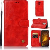 Voor Geschikt voor Xiaomi pocophone f1 retro koperen knop gek paard horizontale flip pu lederen tas met houder & kaartsleuven & portemonnee & lanyard (rood)