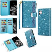 Voor Huawei P40 lite Multi-kaartsleuven Sterrenhemel Laser Carving Glitter Rits Horizontale Flip Leren Case met Houder & Portemonnee & Lanyard (Hemelsblauw)