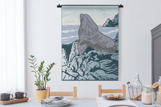 Tapisserie Illustration d'un lion de mer - Une illustration d'un lion de mer sur les rochers Tapisserie en coton 90x120 cm - Tapisserie avec photo