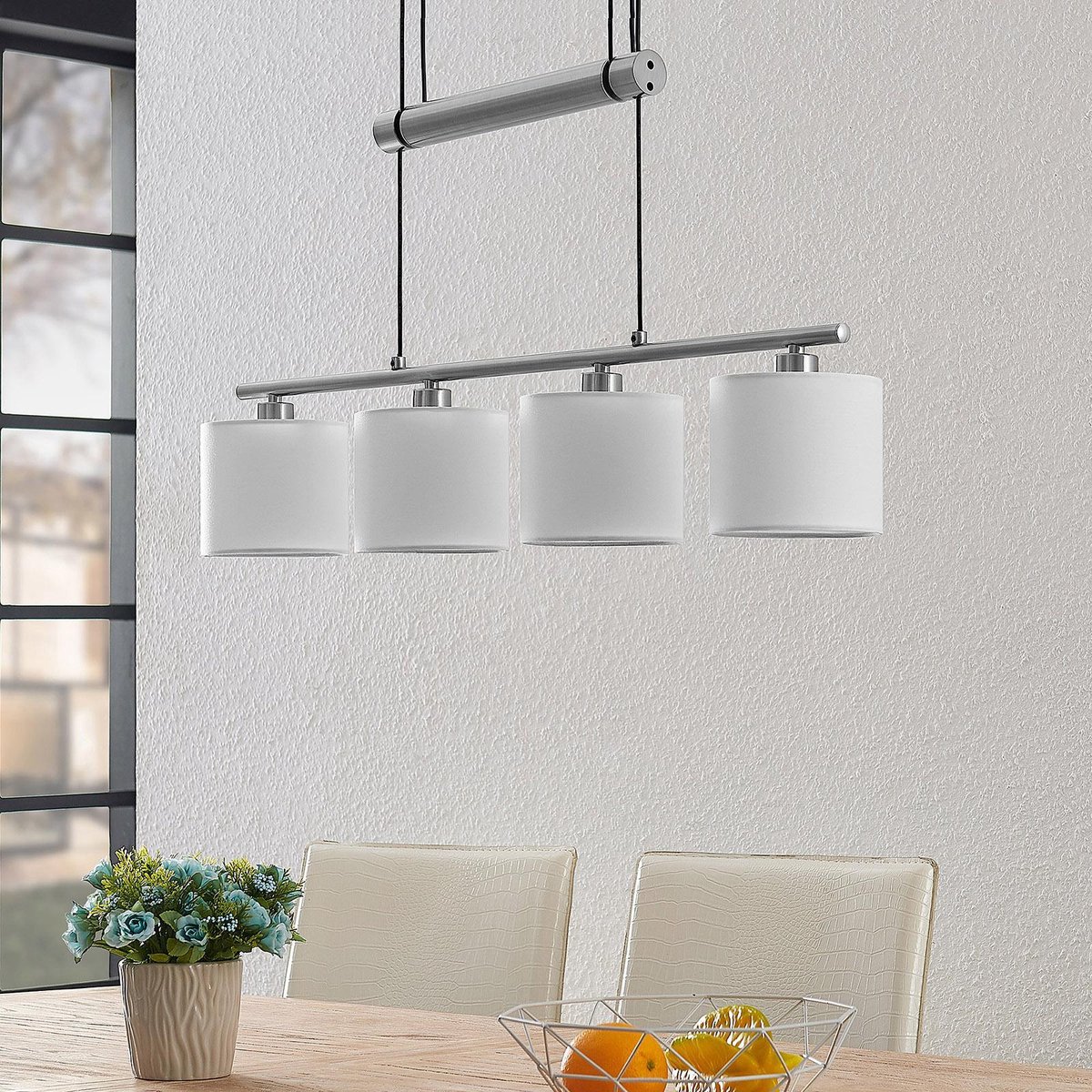 Lindby - hanglamp - 4 lichts - ijzer, textiel - E14 - mat nikkel, wit