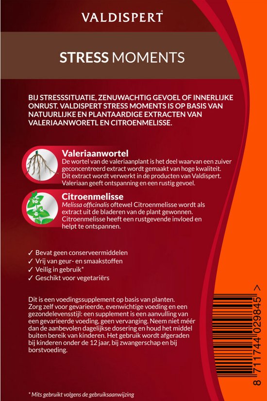 Verpakking van Valdispert Stress Moments met tekst over valeriaanwortel en citroenmelisse.