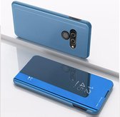 Voor LG Q60 plating spiegel links en rechts flip cover met beugel holster (blauw)