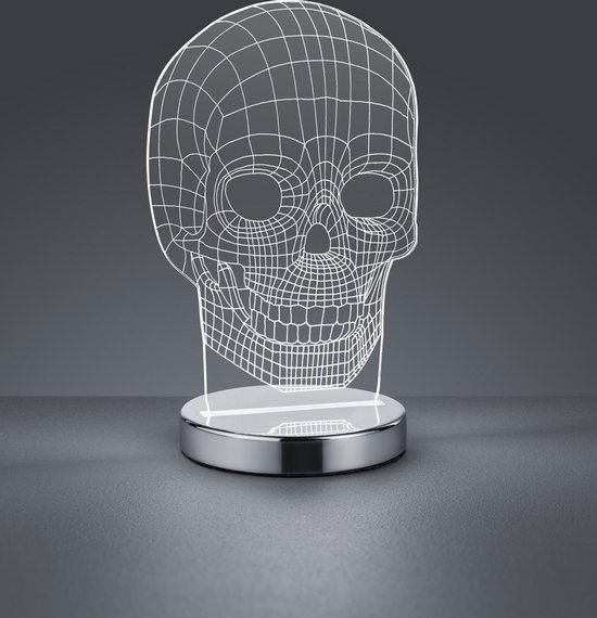 Reality, LED de table, Skull avec 1 x LED, SMD, 7, 0 Watt, 3000 + 4000 + 6500K, 400 Lm. Acryl, transparent transparent, luminaire: métal, Chrome L: 14,5 cm, L: 12,0 cm, H: 21,5 cm Interrupteur à cordon, température de la lumière réglable
